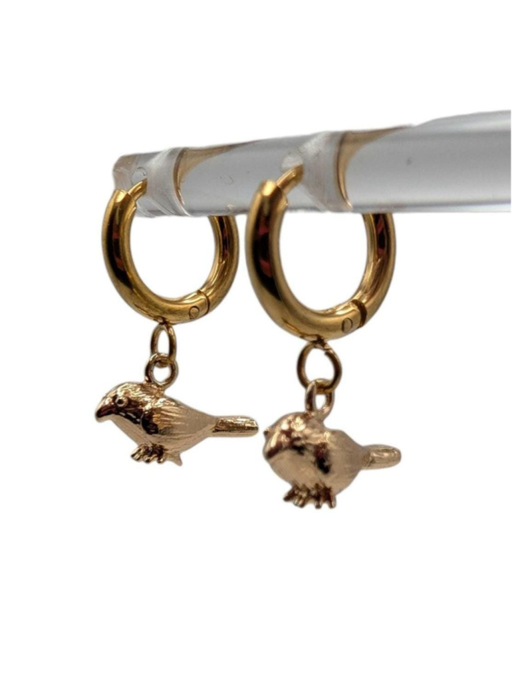 Gold Tone Bird Hoop Earrings Sparrow Charm Hoops Dainty Huggie Earrings - Picture 3 of 4